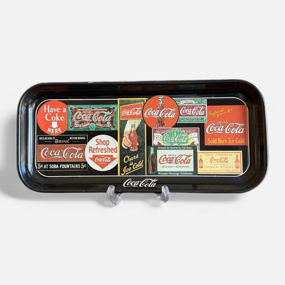 1995 Black Metal Coca Cola Tray Featuring a Collage of Vintage Advertisements - Picture 12 of 13